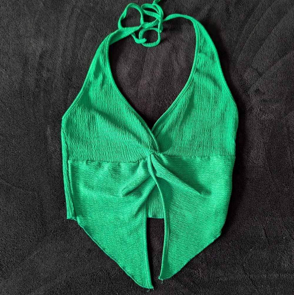 Resortwear Summer Vacation Coord Set Midi Skirt Halter Top Smocked Crop Green M - Picture 13 of 13